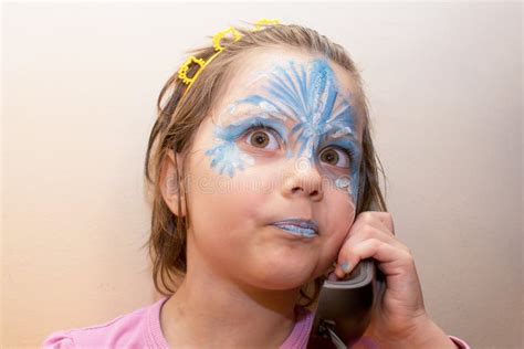 Portrait of Little Girl with Face Painting Talking on the Old Phone Stock Photo - Image of blue ...