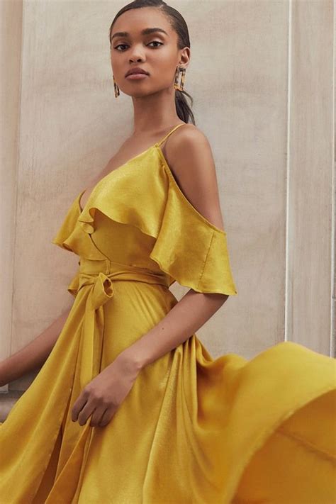 Layla Mustard Yellow Satin Off-the-Shoulder Wrap Dress | Cocktail dress ...