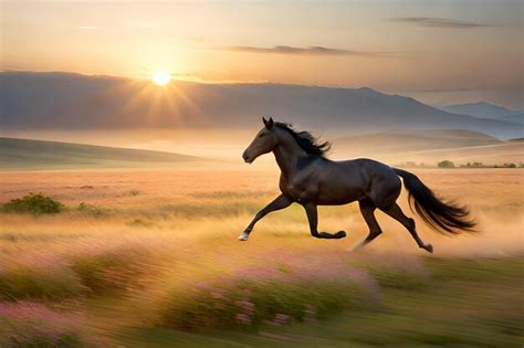 Premium Photo | A horse runs through a field at sunset