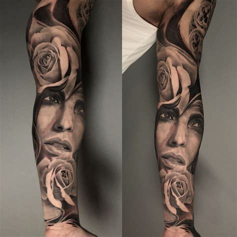 Woman & Roses Full Sleeve | Grey tattoo, Arm tattoos black, Black and ...