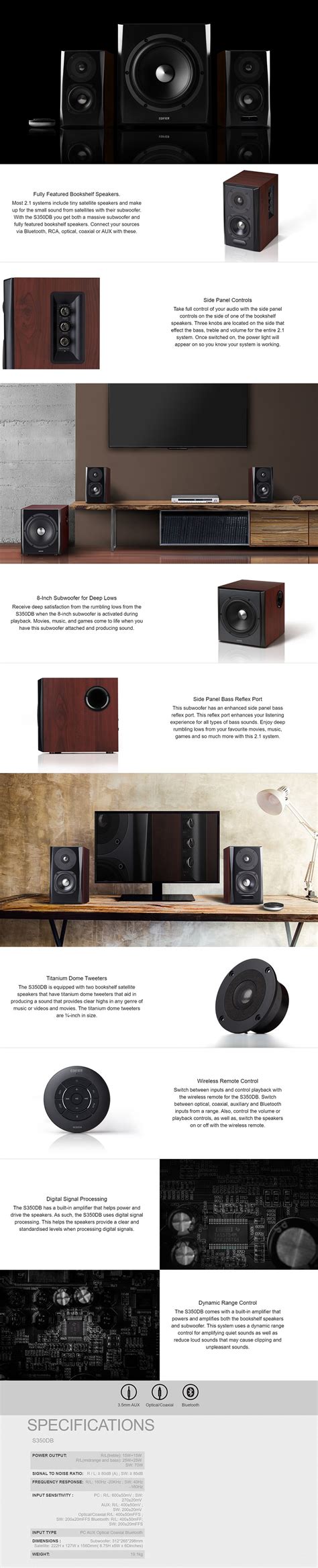 Edifier S350DB 2.1 Bookshelf and Subwoofer Bluetooth Speaker System - S350DB | Mwave