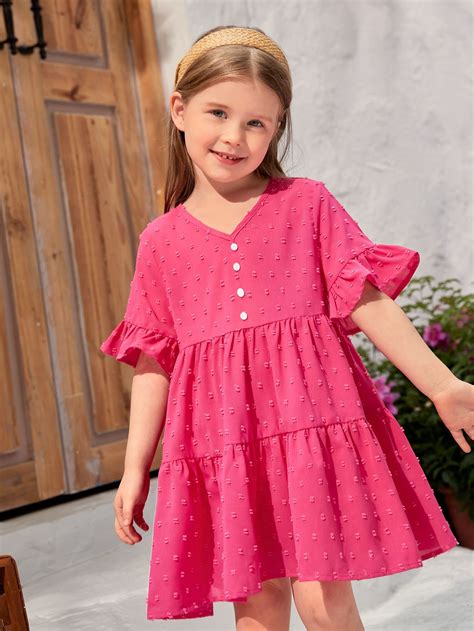 Hot Pink Cute Collar Half Sleeve Woven Fabric Plain Smock Embellished Non-Stretch Toddler Girls ...