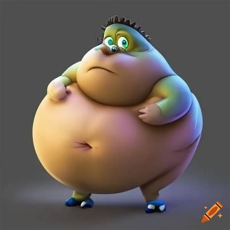 Fat cartoon dinosaur named orvi with a round belly and scaly body, with deep navel, gigantic ...