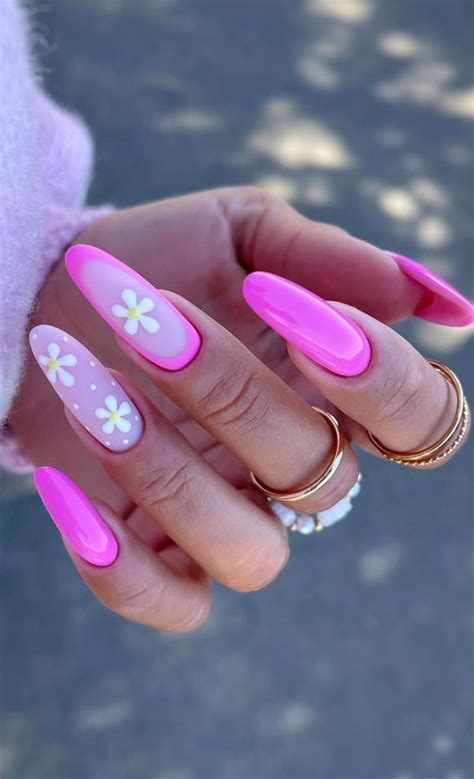52 Cute Floral Nail Art Designs : Pink Border & Flower Nails