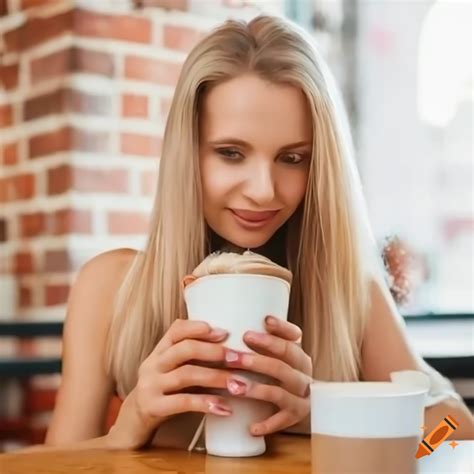 Blonde woman enjoying iced coffee on Craiyon