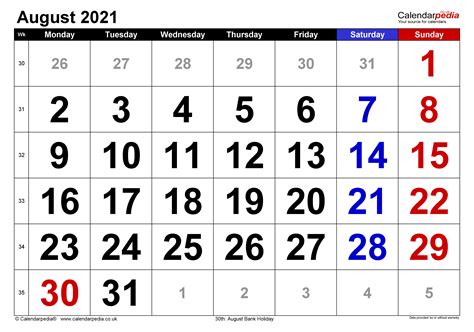 Calendar August 2021 UK with Excel, Word and PDF templates