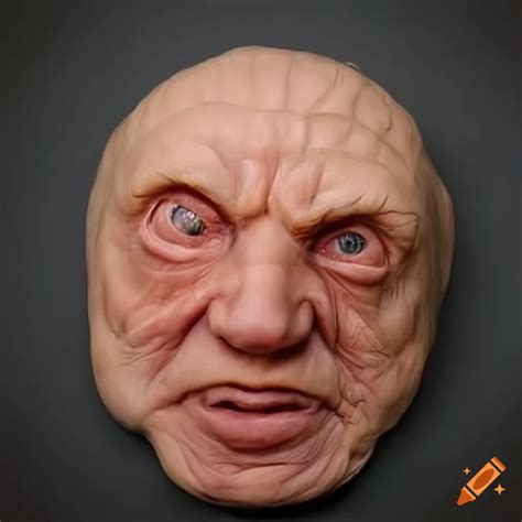 Sculpture of a hyper-realistic face made from baked ham
