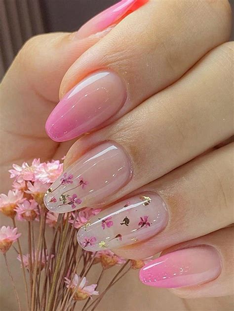 Upgrade Your Look with 24pcs Long Almond Pink Gradient Flowers Pattern Fake Nail & 1sheet Tape ...