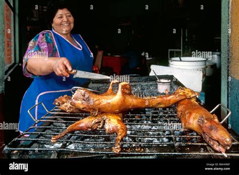 A happy local lady cooking guinea pigs (Cavia porcellus) for sale on her gas cooker on a main ...