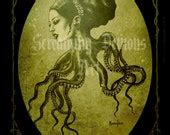 Items similar to Vintage Style Octopus Girl Art Print by Marcus Jones 11.5" x 8" approx on Etsy