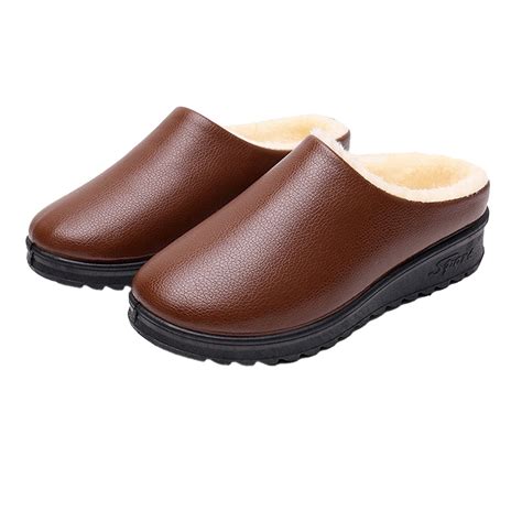 Women's Faux Leather Fur Lined Slippers Fashion Indoor/Outdoor Non-Slip ...