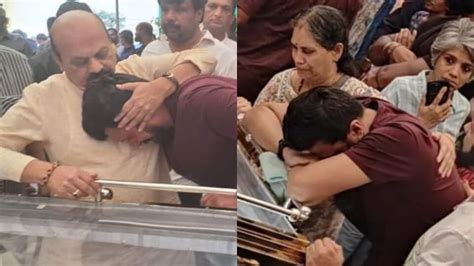 Kichcha Sudeep breaks down in former Karnataka CM Basavaraj Bommai's arms at mom Saroja Sanjeev ...