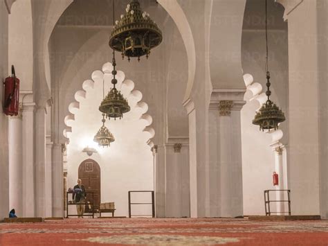 Koutoubia mosque interior with white pillars and decoration stock photo