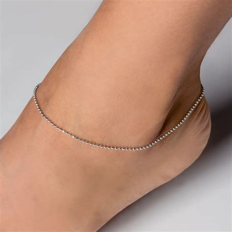 Classic Rhodium Finish Diamond Cut Sterling Silver Bead Chain Anklet. - 925Express