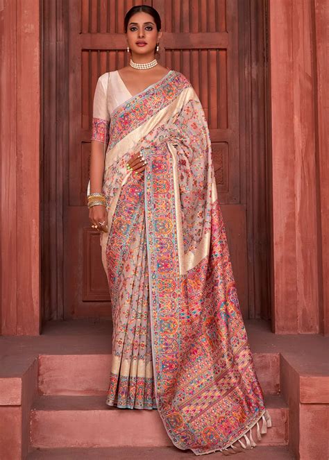 Off White Kashmiri Jamawar Woven Pashmina Silk Saree - Urban Womania