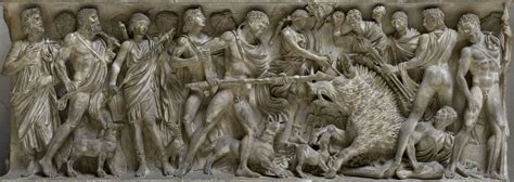 Roman Sarcophagus with a scene of the Calydonian Hunt. The front panel. Luna marble. 170—180 CE ...