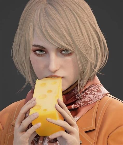 a woman with blonde hair holding a piece of cheese