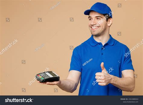 Delivery Guy Employee Man Wear Blue Cap T Shirt Uniform Work As Dealer Courier Hold Money: Over ...