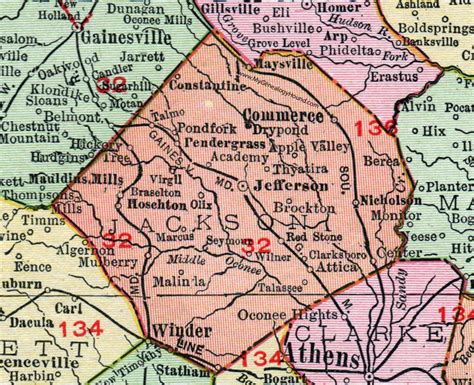 Jackson County, Georgia, 1911, Map, Jefferson, Commerce, Maysville, Hoschton