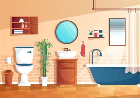 Modern Bathroom Furniture Interior Background Illustration with Bathtub, Faucet Toilet Sink to ...