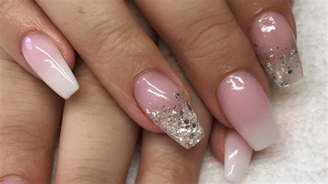 Acrylic Nails | Pink And White Ombre | Silver Glitter - YouTube