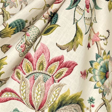 Pink & Blue Jacobean Floral Linen Fabric | Fleur de Leaf : Blossom | Loom Decor | Floral drapery ...