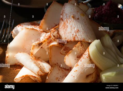 sliced salo, typical Ukrainian popular local food, Ukraine Stock Photo ...