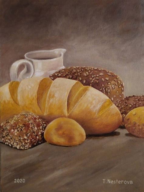 Still life oil painting with bread and milk jug, /oil painting on ...