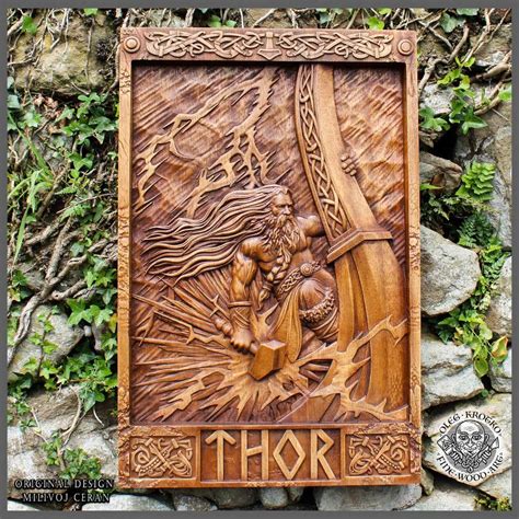 Thor Norse Wood Carving - Wall Woodwork Art - Forged in Wood