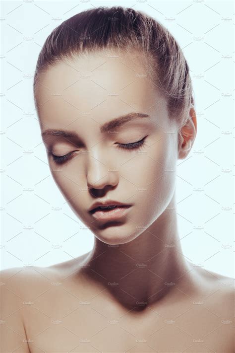 Front portrait of beautiful face with beautiful closed eyes - isolated on white | Closed eyes ...
