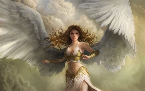 artwork, fantasy art, women, redhead, fantasy girl, angel, wings, sword, armor, long hair, blue ...