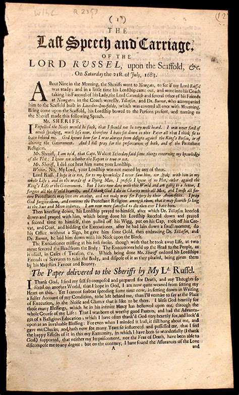 RYE HOUSE PLOT - RUSSELL, Lord William. The Last Speech and Carriage of the Lord Russel, upon ...