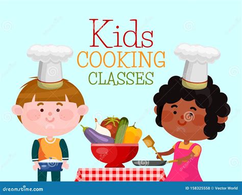 Chefs Kids Cooking Classes Vector Illustration. Boy and Girl are Cooking Food Stock Vector ...