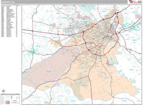 Augusta Georgia Zip Code Wall Map (Premium Style) by MarketMAPS