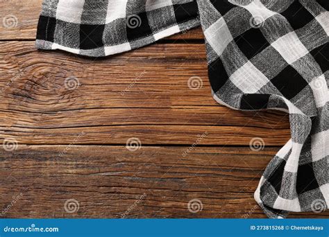 Black Checkered Tablecloth on Wooden Table, Top View. Space for Text Stock Photo - Image of ...