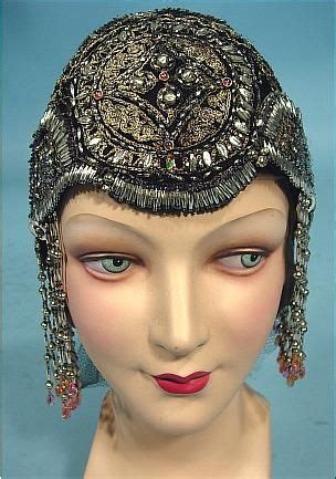 Headdress 1923/1924 Art Deco Flapper Beaded Cloche Full black net cap fully ornamented with gold ...