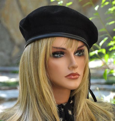 Black Wool Beret, Women's Winter Hat, French Army Beret, Leather Trimmed Beret, Ladies Black Hat ...