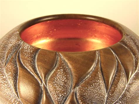 A closer look - Carved Walnut Bowl with Copper Leaf interior and Liming Wax to accent exterior ...