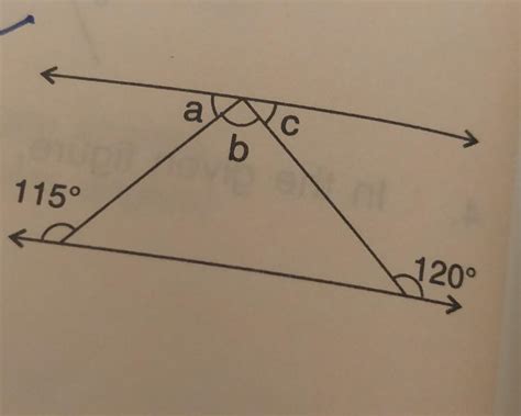 a,b,c, 115 degree ,120 degree..find the measure of unknown angles ...