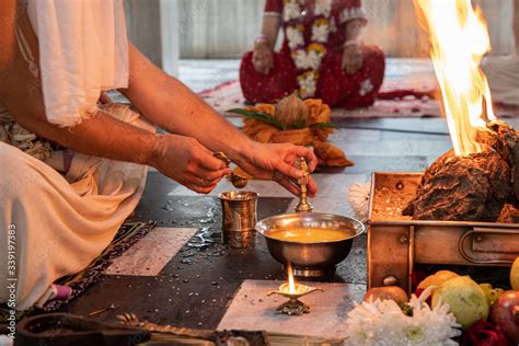 Brahman makes a Hindu the Vedic Yagya ceremony. Indian Hindu Traditional Pooja. Vedic fire ...