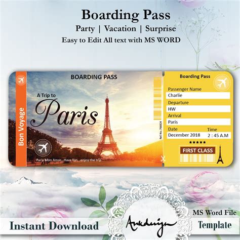 PARIS Ticket Template Airline Ticket Digital Download - Etsy