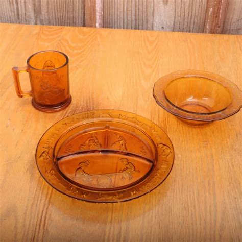 TIARA 3 PIECE Amber Glass Mother Goose Nursery Rhyme Child Set Plate Mug Bowl $49.99 - PicClick