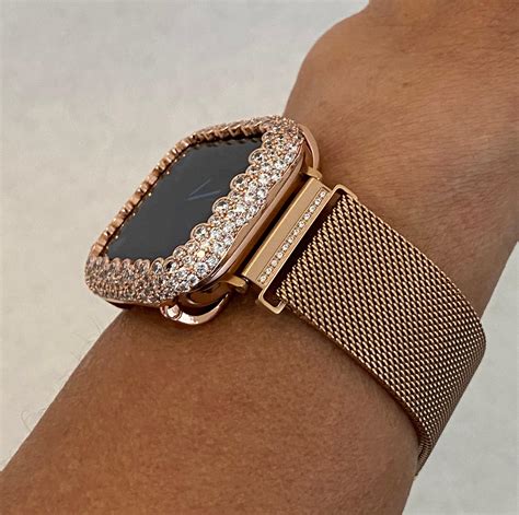 Rose Gold Apple Watch Band 38mm 40mm 42mm 44mm Milanese Loop and or Iwatch Lab Diamond Bezel ...