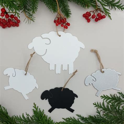 Welsh mammy ewe sheep and her baby lambs hanging Christmas decorations collection in metallic ...