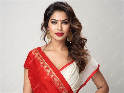 Premium AI Image | A Indian woman in a red and white saree festive look ...