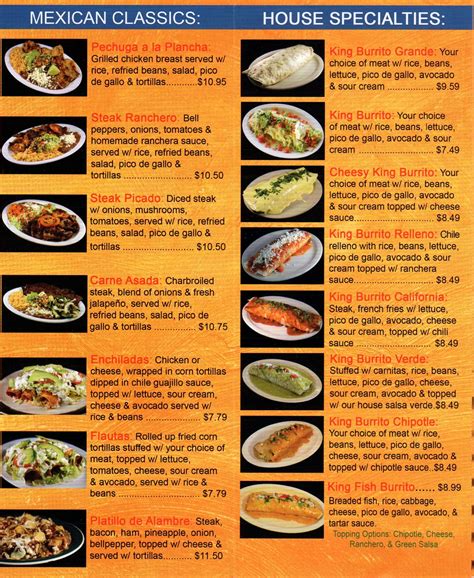 Menu at King Burrito restaurant, Fayetteville, N College Ave