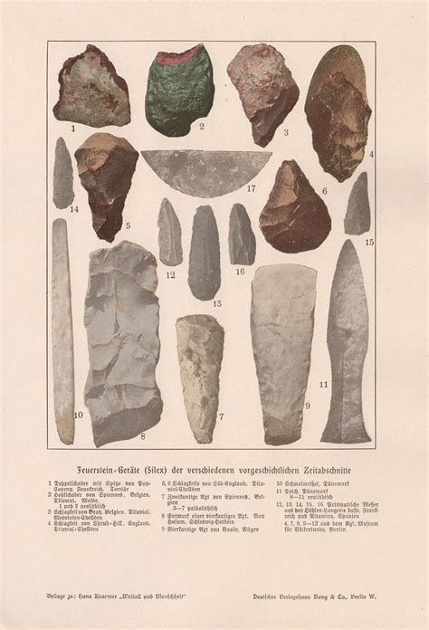 Antique 1900 Prehistoric Flint Tools & Weapons Original German ...