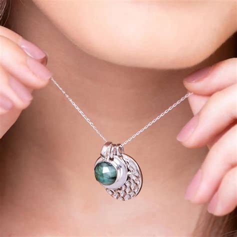 Engraved Emerald And Silver Double Disc Necklace By Treatfully