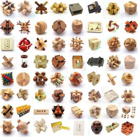 64PCS/LOT Wood Puzzle Toys Classic IQ 3D Wooden Interlocking Burr ...