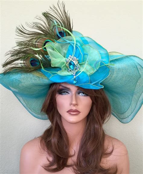 Turquoise Lime Green Hat -Kentucky Derby-Races -Feathers Rhinestones Wide Brim | Derby hats diy ...